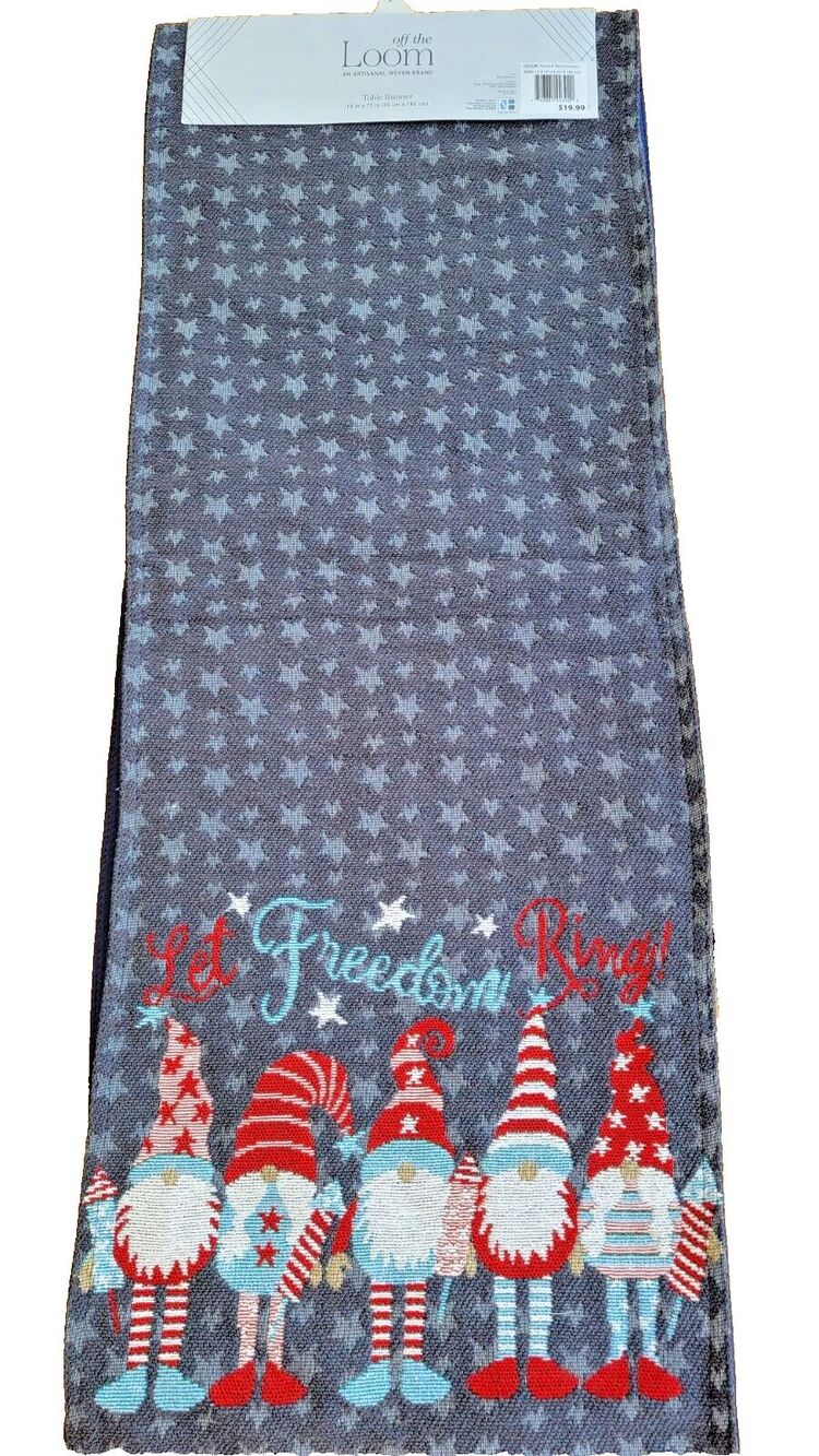 NEW Patriotic Tapestry GNOME TABLE RUNNER 13 X 72  LET FREEDOM RING 4TH OF JULY